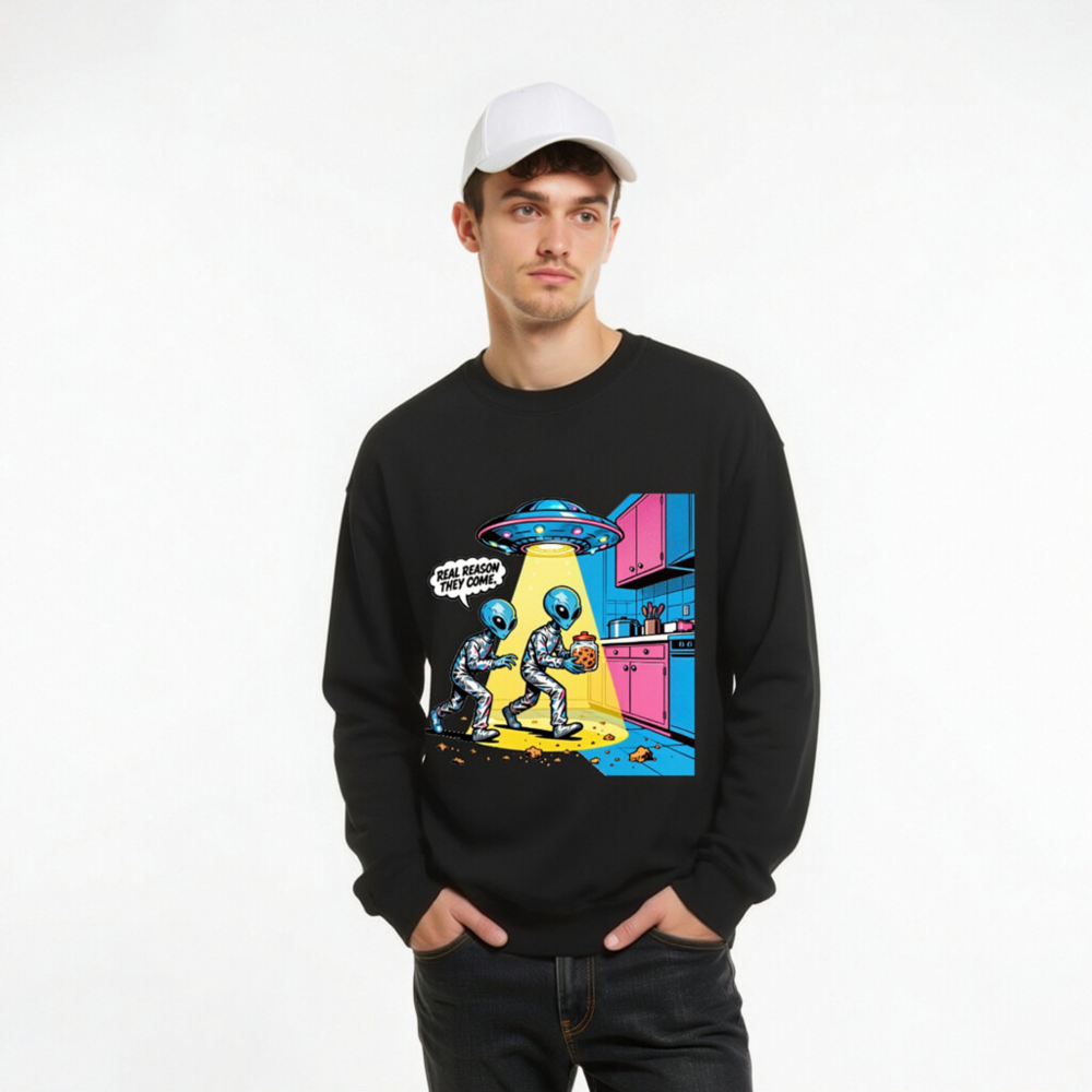 Unisex Crew Neck Sweatshirt - Alien Cookie Theft Graphic, Real Reason They Come - Image 9