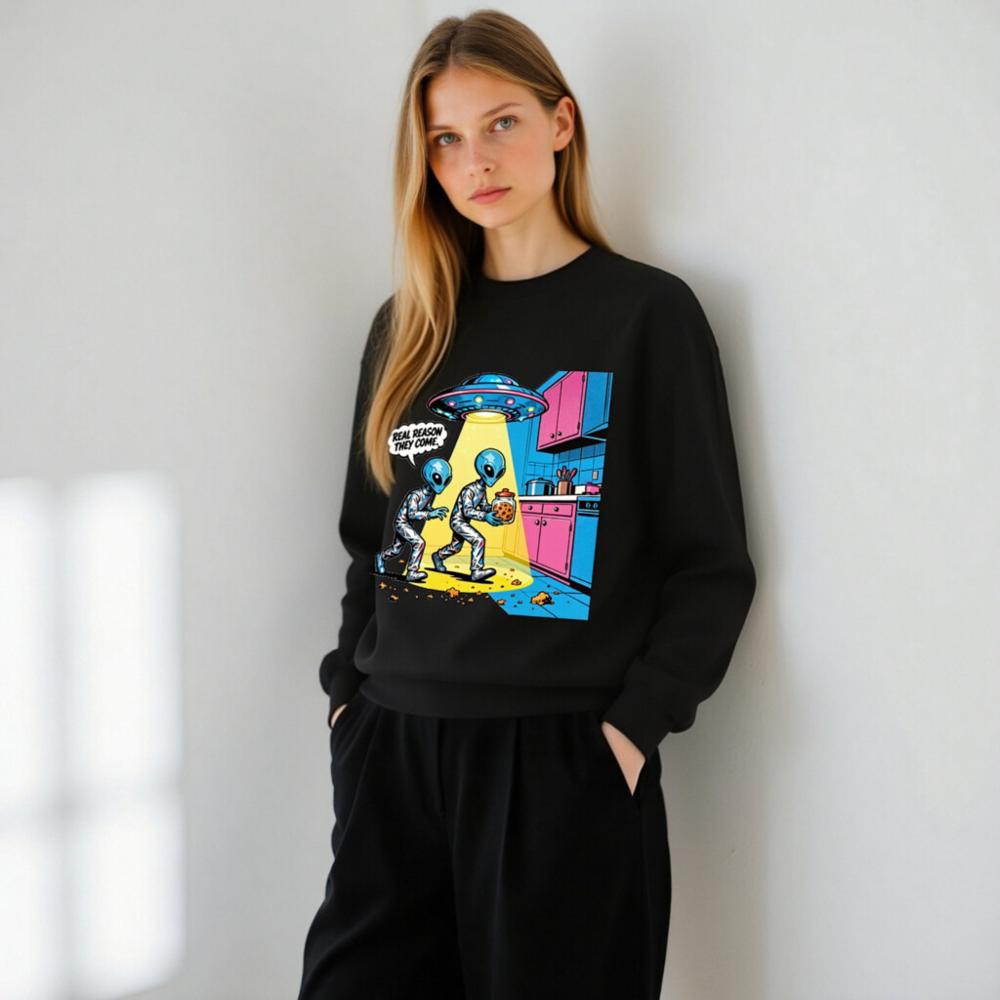 Unisex Crew Neck Sweatshirt - Alien Cookie Theft Graphic, Real Reason They Come - Image 11