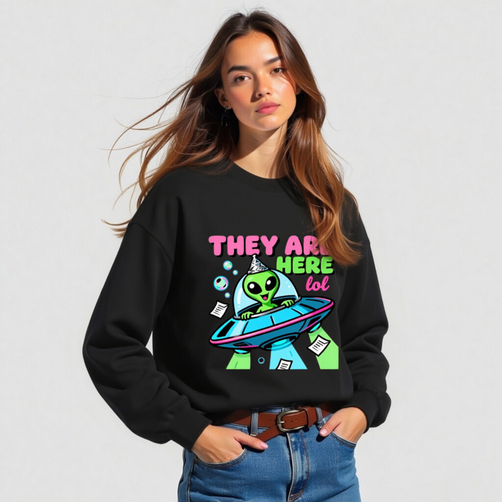 Alien UFO Sweatshirt - 'They Are Here lol' Unisex Crew Neck Sweatshirt - Image 2