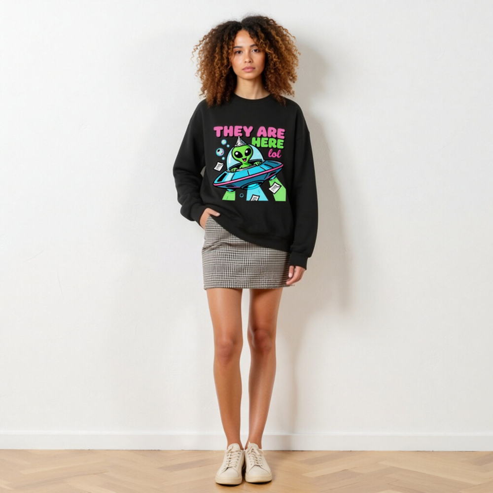 Alien UFO Sweatshirt - 'They Are Here lol' Unisex Crew Neck Sweatshirt - Image 3