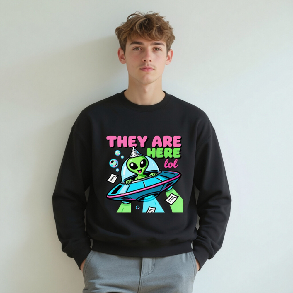 Alien UFO Sweatshirt - 'They Are Here lol' Unisex Crew Neck Sweatshirt - Image 4