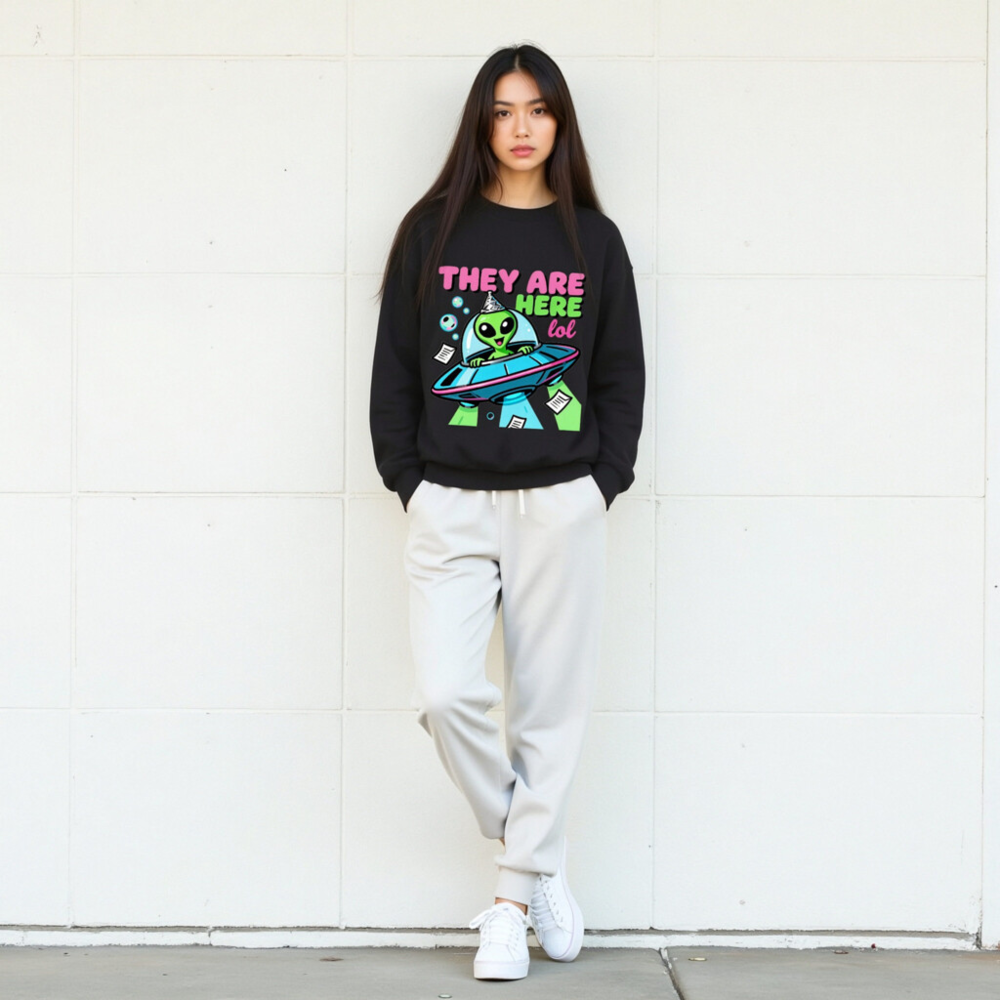 Alien UFO Sweatshirt - 'They Are Here lol' Unisex Crew Neck Sweatshirt - Image 5