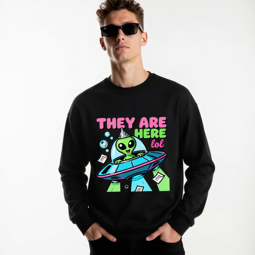 Alien UFO Sweatshirt - 'They Are Here lol' Unisex Crew Neck Sweatshirt - Image 6