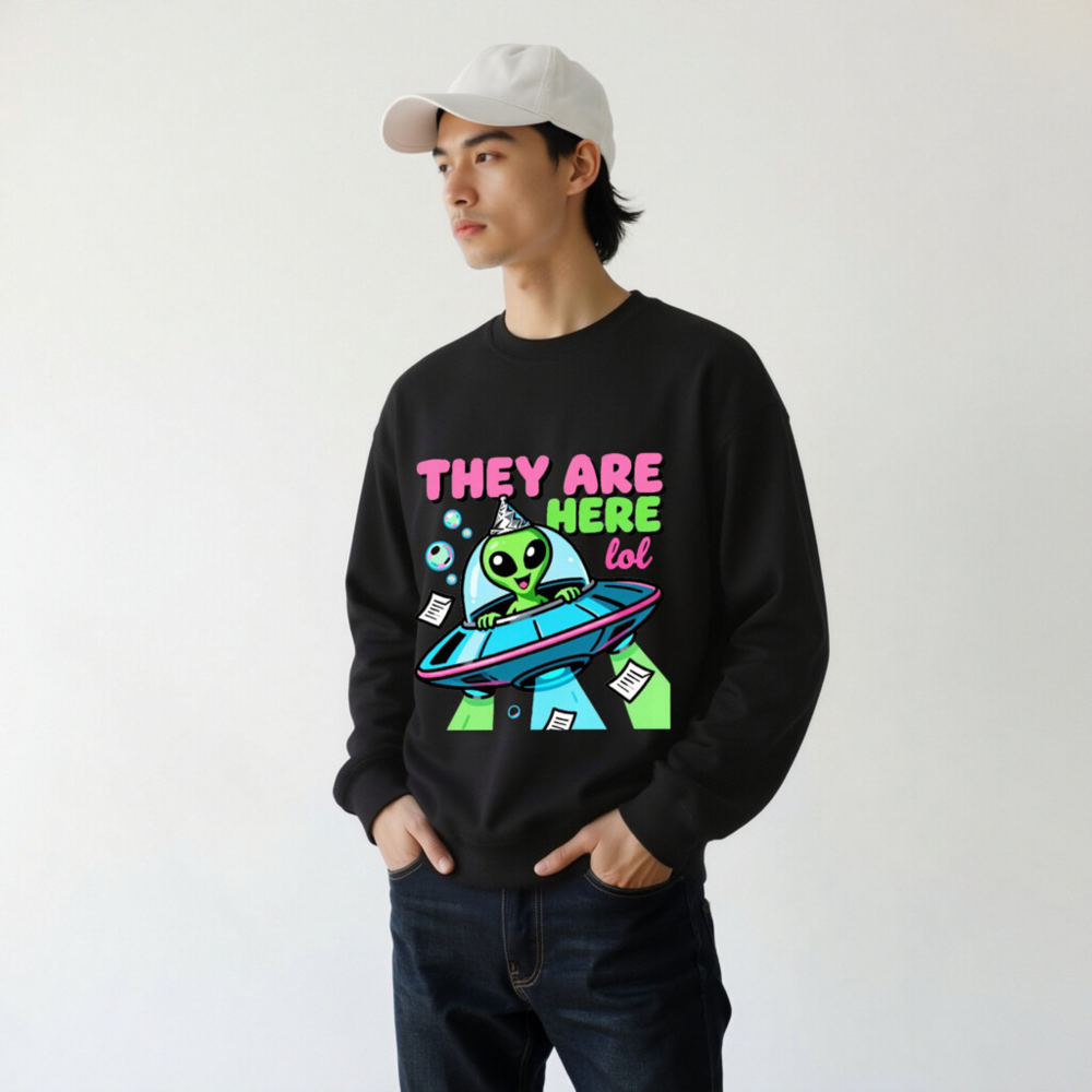 Alien UFO Sweatshirt - 'They Are Here lol' Unisex Crew Neck Sweatshirt - Image 8