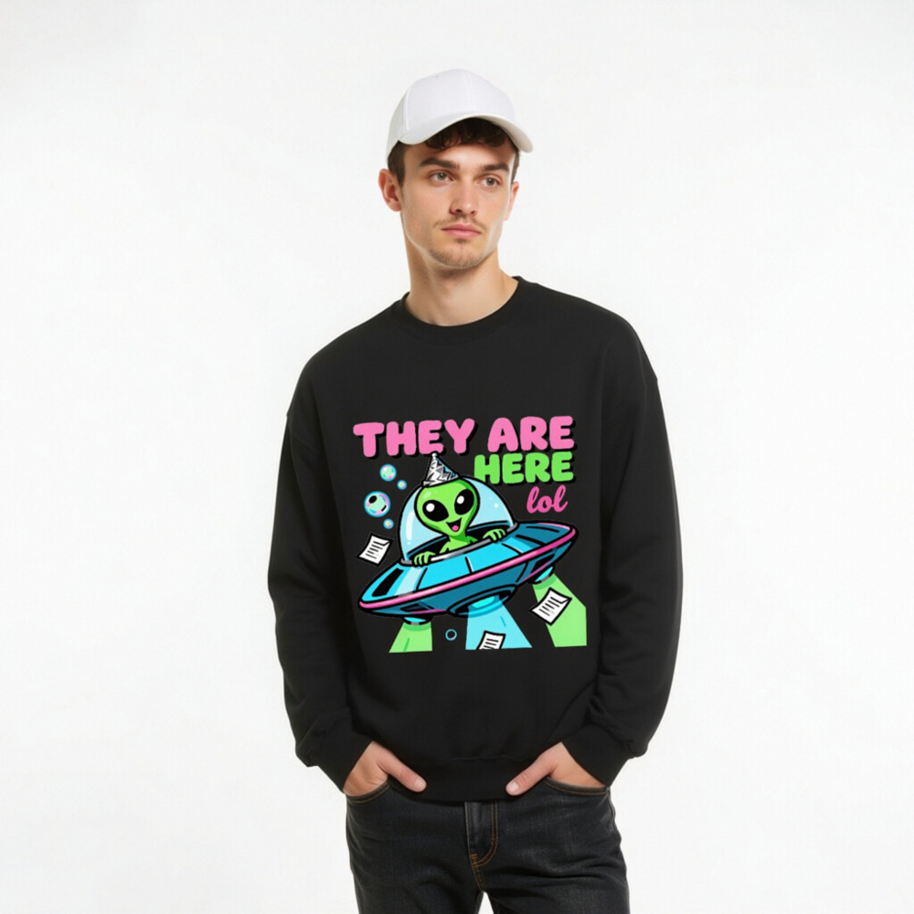 Alien UFO Sweatshirt - 'They Are Here lol' Unisex Crew Neck Sweatshirt - Image 9