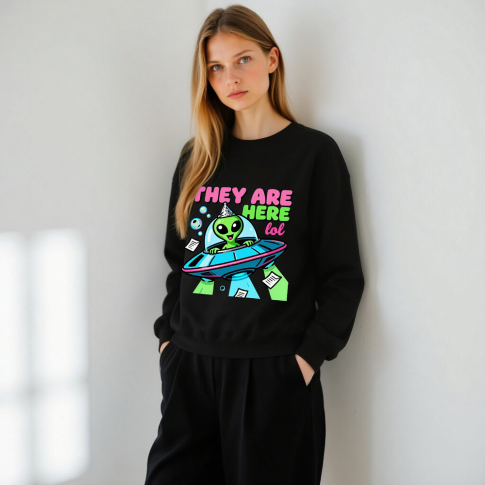 Alien UFO Sweatshirt - 'They Are Here lol' Unisex Crew Neck Sweatshirt - Image 11