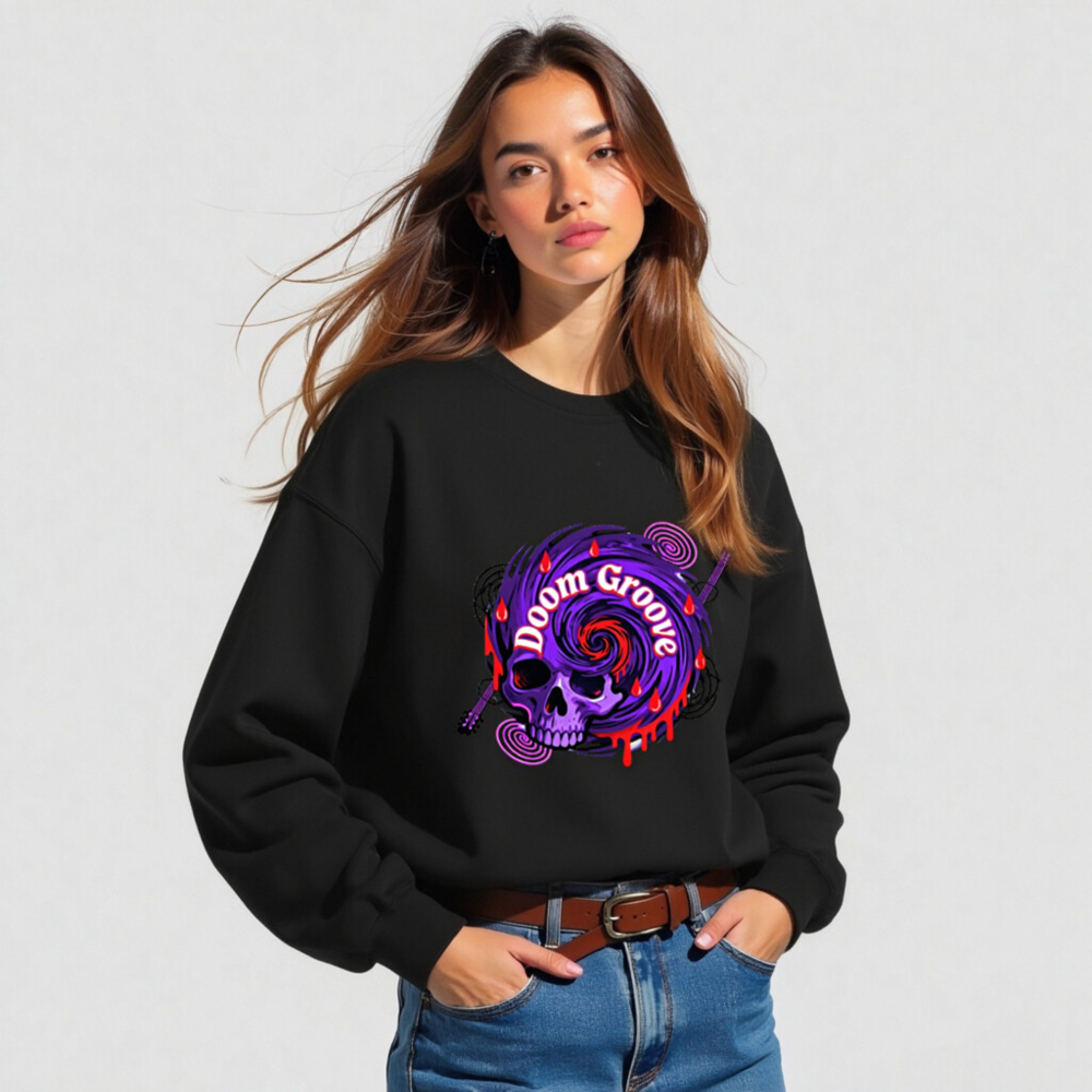 Doom Groove Skull Sweatshirt | Unisex Crew Neck, Purple Spiral Design - Image 2