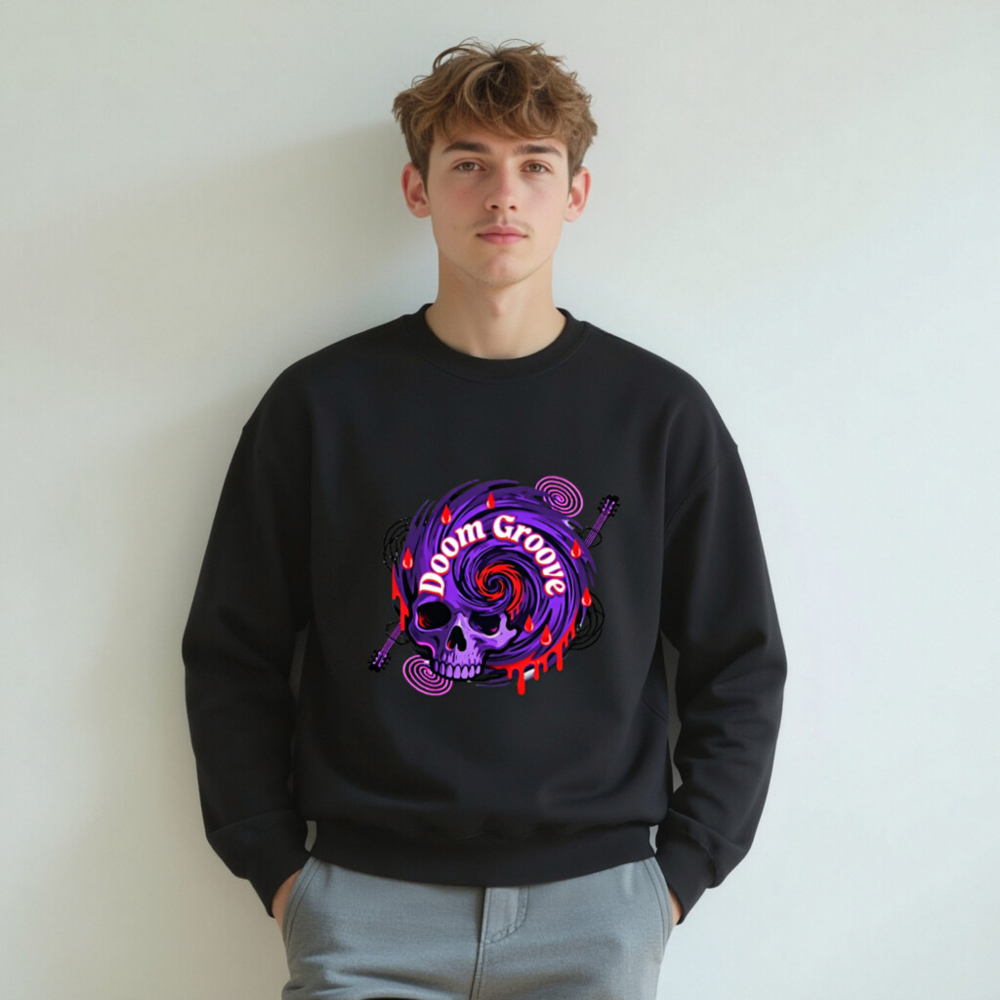 Doom Groove Skull Sweatshirt | Unisex Crew Neck, Purple Spiral Design - Image 4