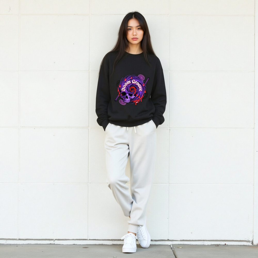 Doom Groove Skull Sweatshirt | Unisex Crew Neck, Purple Spiral Design - Image 5