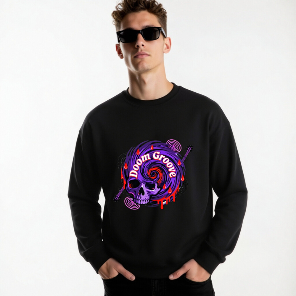Doom Groove Skull Sweatshirt | Unisex Crew Neck, Purple Spiral Design - Image 6