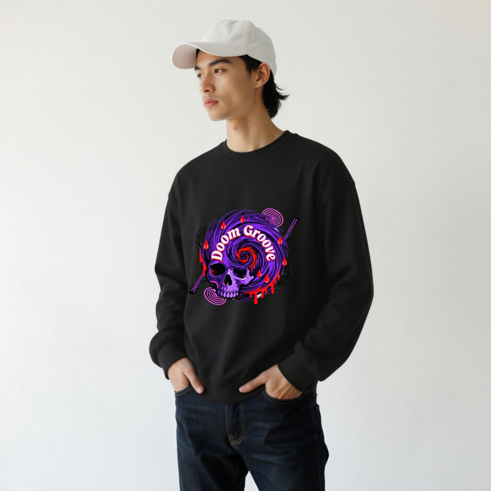 Doom Groove Skull Sweatshirt | Unisex Crew Neck, Purple Spiral Design - Image 8
