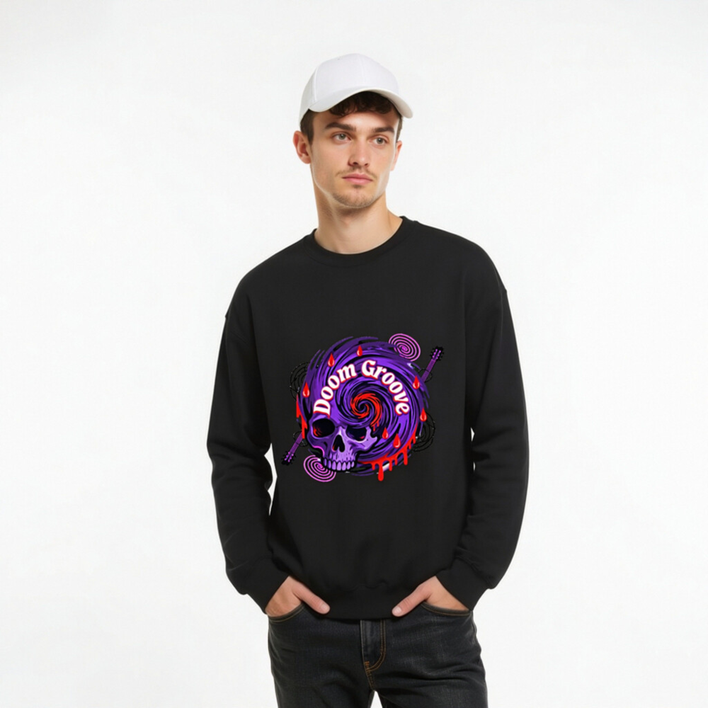 Doom Groove Skull Sweatshirt | Unisex Crew Neck, Purple Spiral Design - Image 9