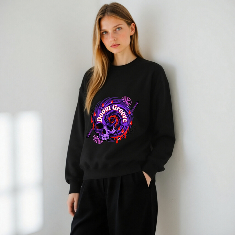 Doom Groove Skull Sweatshirt | Unisex Crew Neck, Purple Spiral Design - Image 11