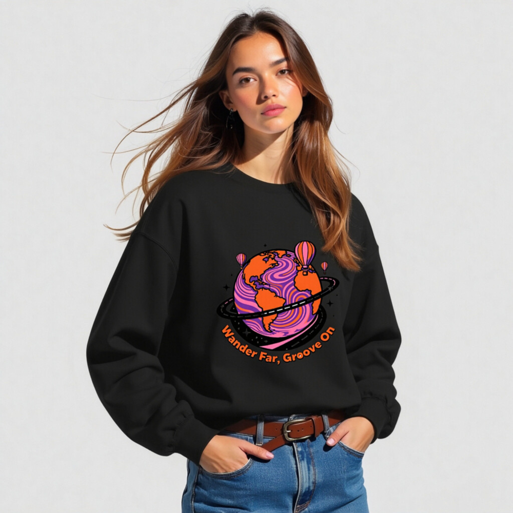 Unisex Crew Neck Sweatshirt - Wander Far, Groove On Globe Design - Image 2