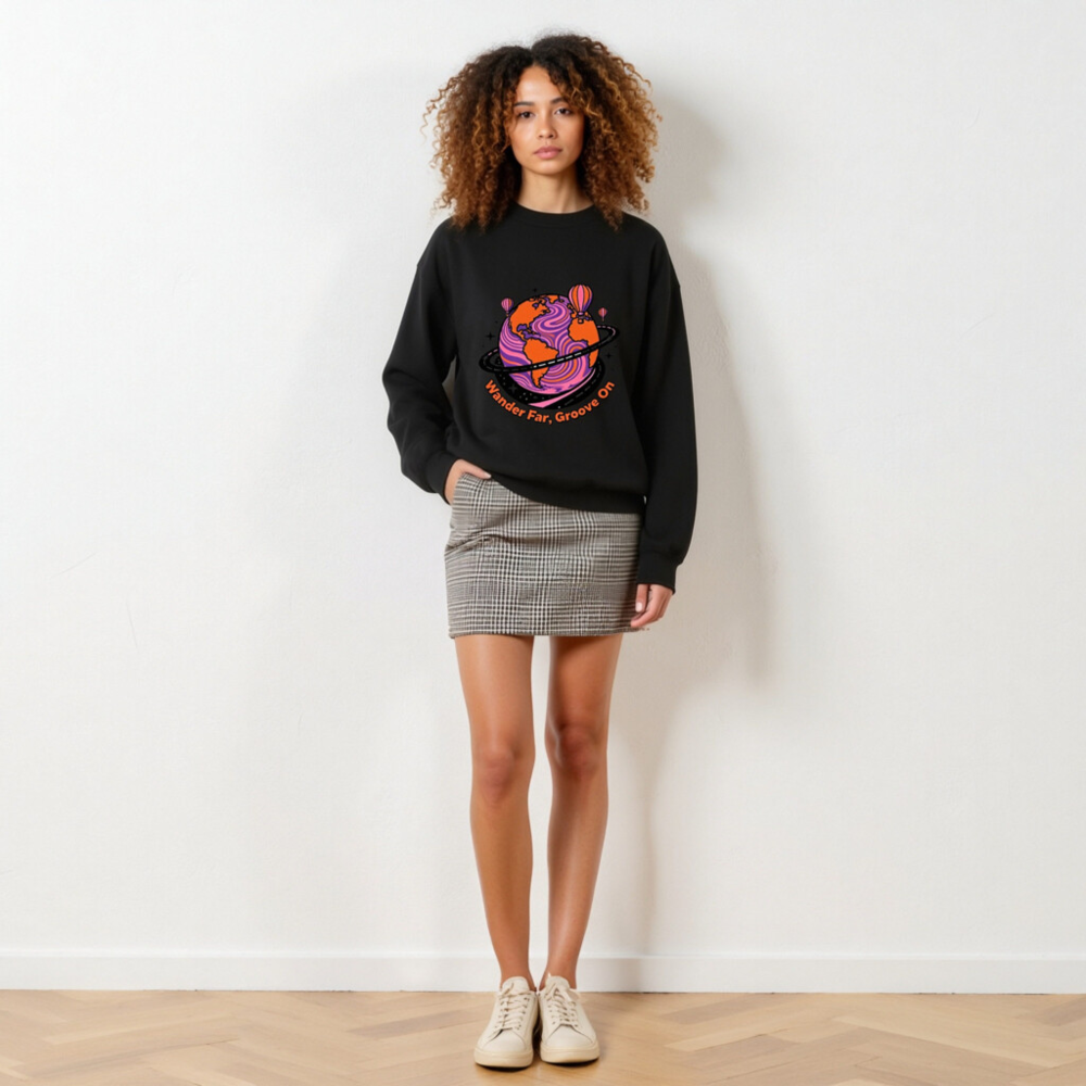 Unisex Crew Neck Sweatshirt - Wander Far, Groove On Globe Design - Image 3