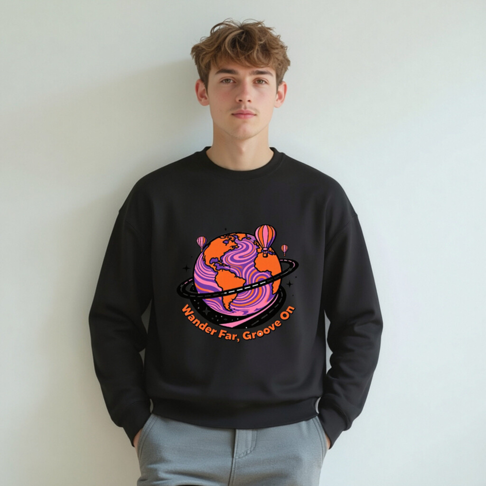Unisex Crew Neck Sweatshirt - Wander Far, Groove On Globe Design - Image 4