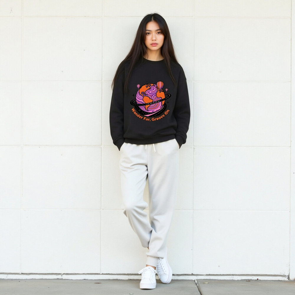 Unisex Crew Neck Sweatshirt - Wander Far, Groove On Globe Design - Image 5