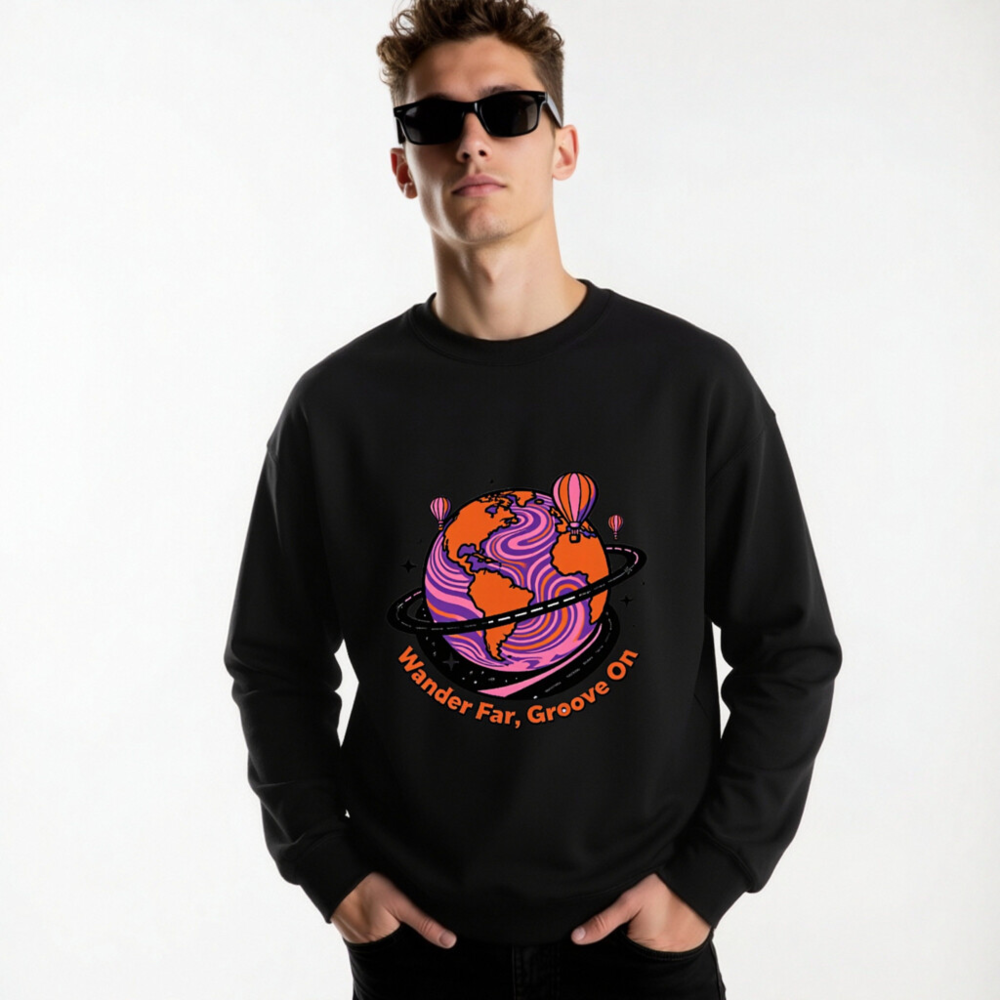 Unisex Crew Neck Sweatshirt - Wander Far, Groove On Globe Design - Image 6
