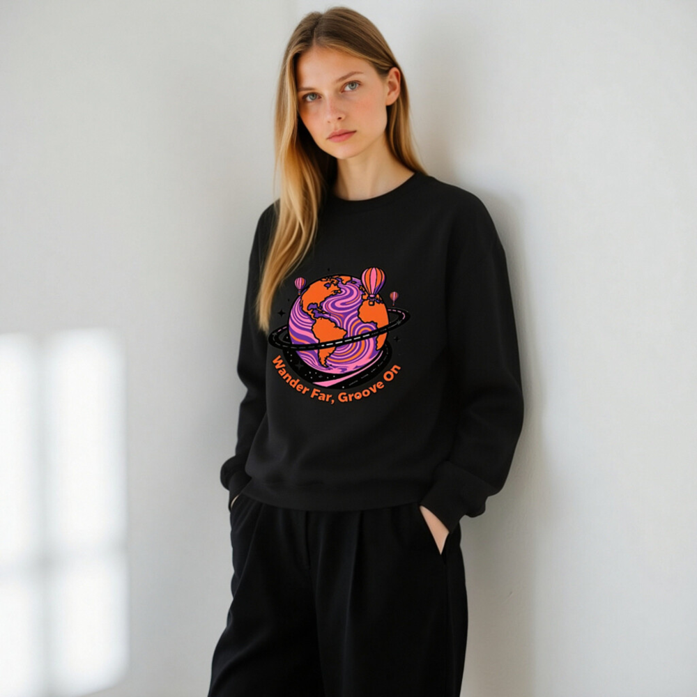 Unisex Crew Neck Sweatshirt - Wander Far, Groove On Globe Design - Image 11