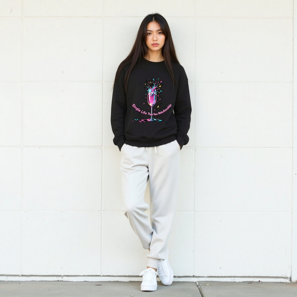 Unisex Crew Neck Sweatshirt - Single Life Than Your Relationship, Vibrant Champagne Glass Design - Image 5