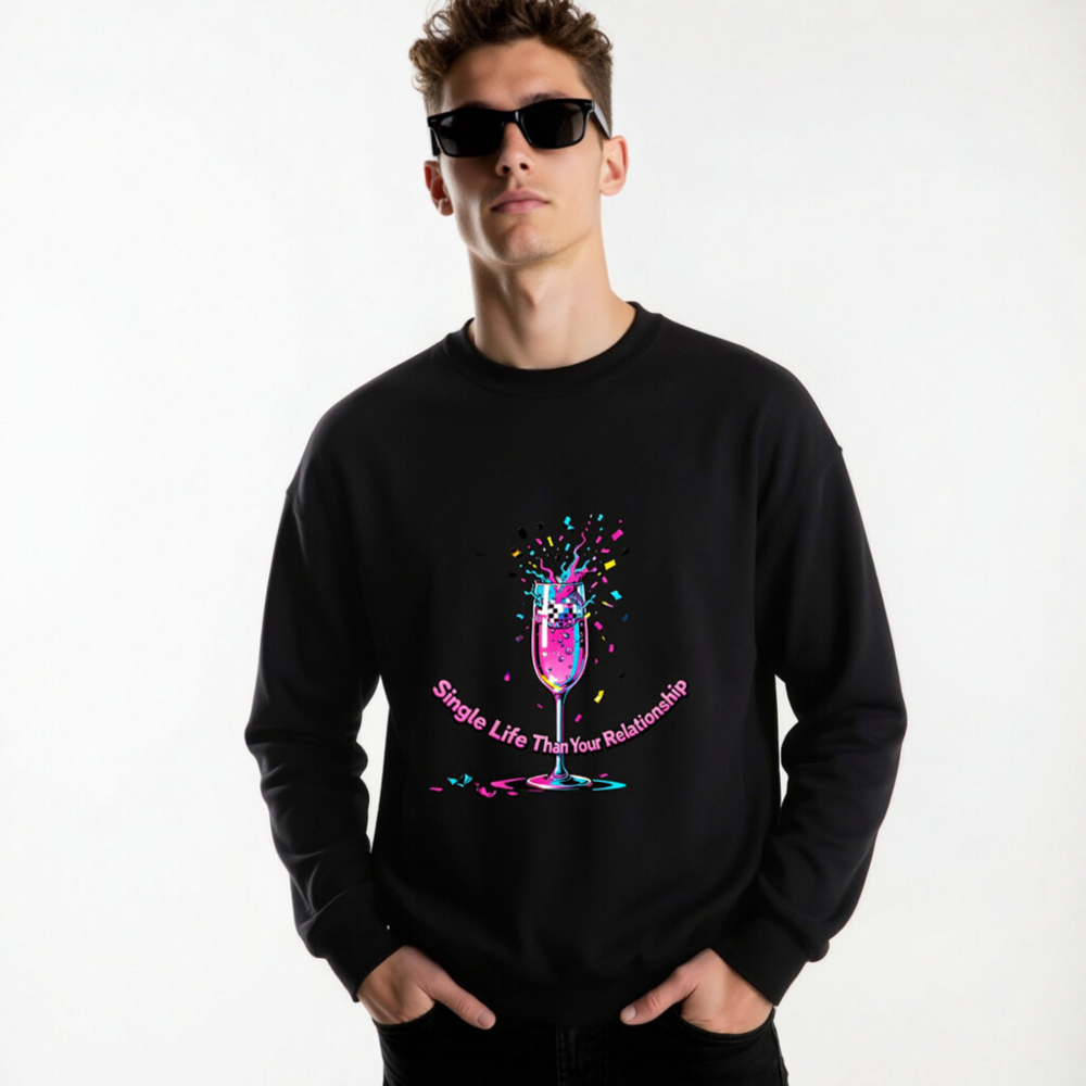 Unisex Crew Neck Sweatshirt - Single Life Than Your Relationship, Vibrant Champagne Glass Design - Image 6