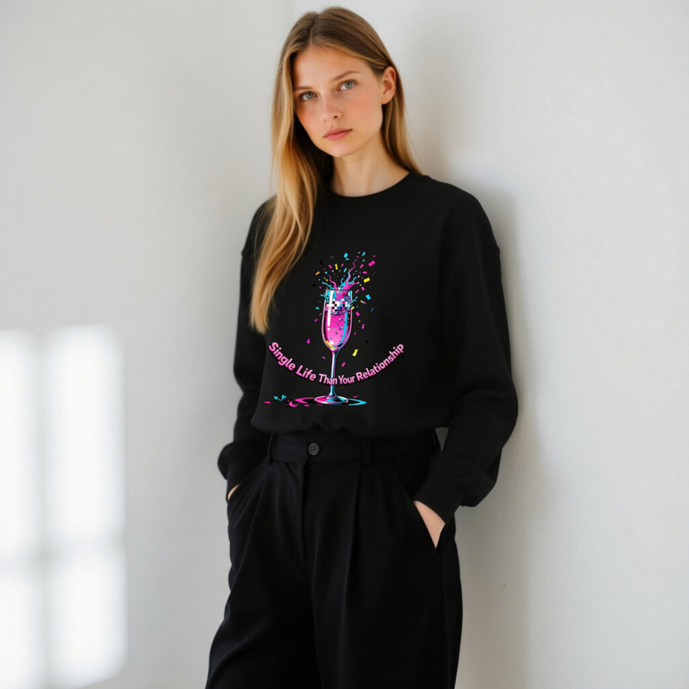 Unisex Crew Neck Sweatshirt - Single Life Than Your Relationship, Vibrant Champagne Glass Design - Image 11