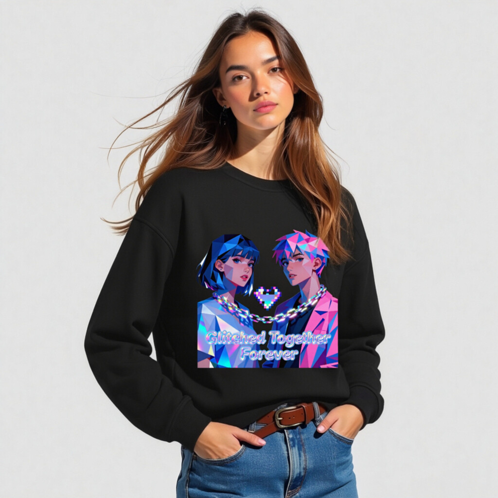 Glitched Together Forever Unisex Organic Sweatshirt - Pixel Art Couple Design - Image 2