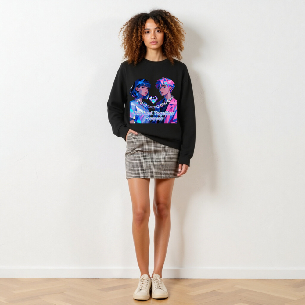Glitched Together Forever Unisex Organic Sweatshirt - Pixel Art Couple Design - Image 3
