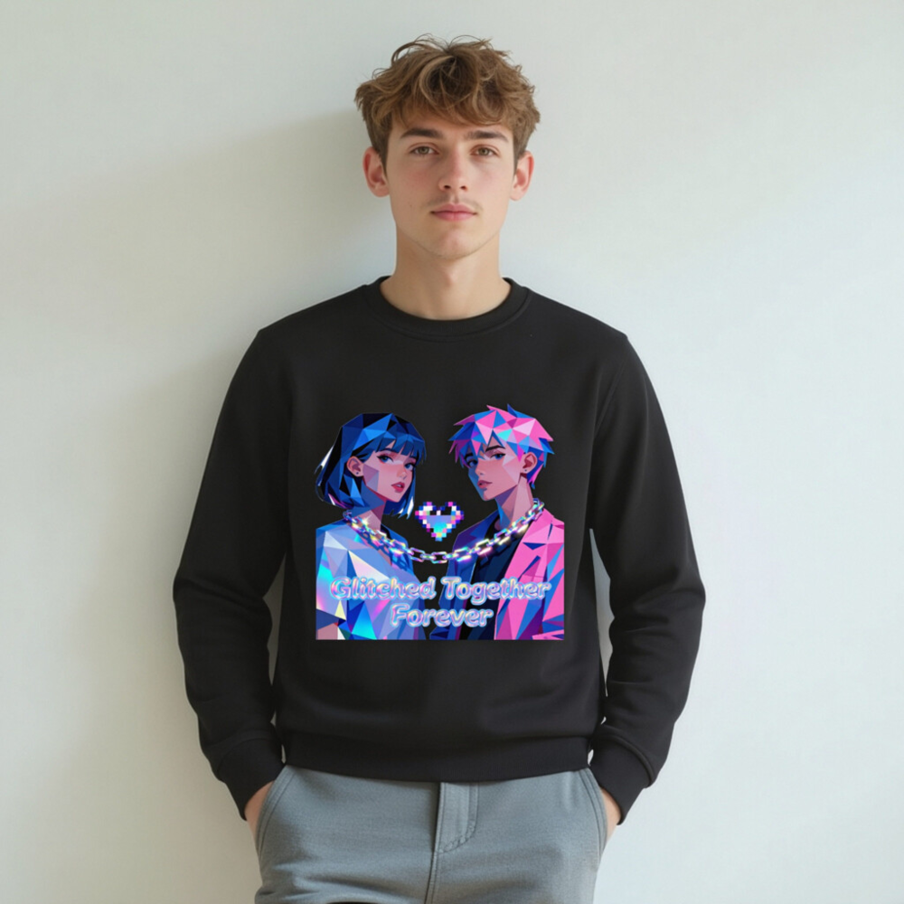 Glitched Together Forever Unisex Organic Sweatshirt - Pixel Art Couple Design - Image 4
