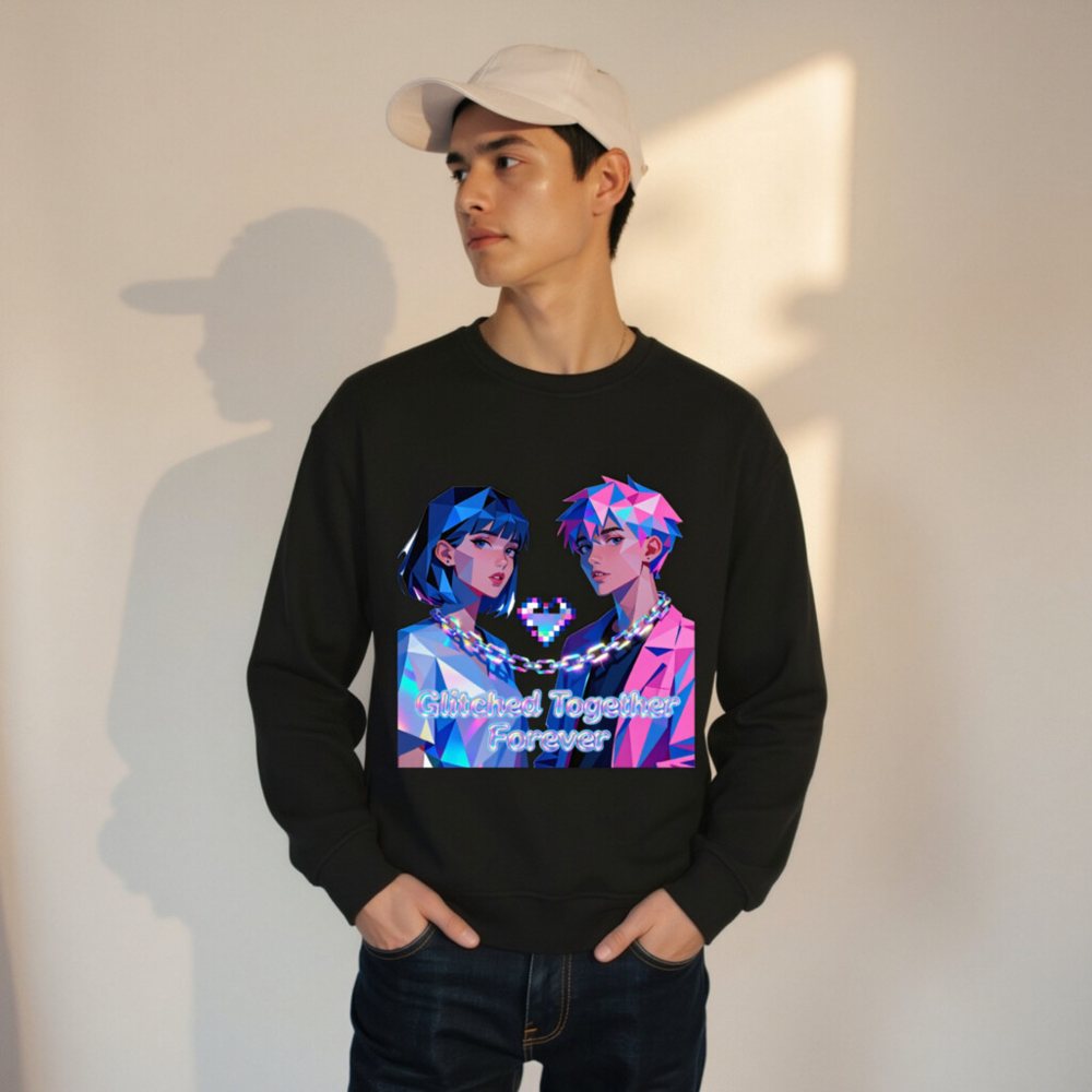 Glitched Together Forever Unisex Organic Sweatshirt - Pixel Art Couple Design - Image 8