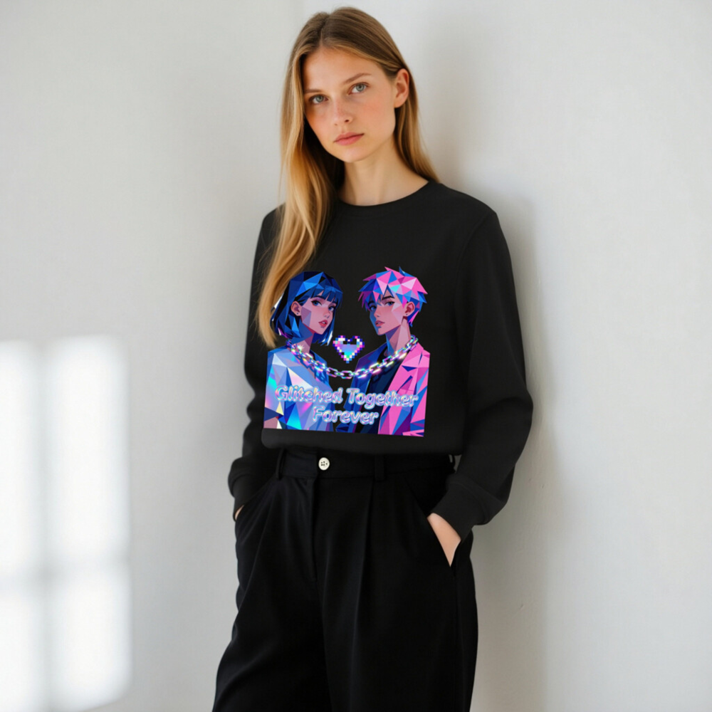 Glitched Together Forever Unisex Organic Sweatshirt - Pixel Art Couple Design - Image 11