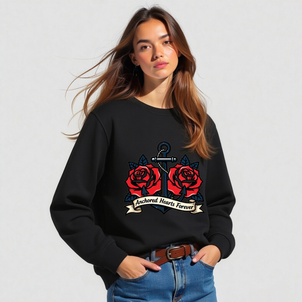 Unisex Organic Sweatshirt | Anchored Hearts Forever Anchor & Rose Design - Image 2