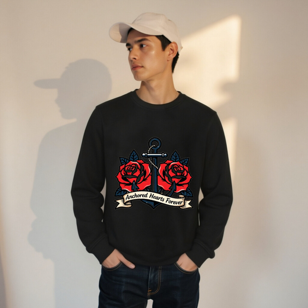 Unisex Organic Sweatshirt | Anchored Hearts Forever Anchor & Rose Design - Image 8