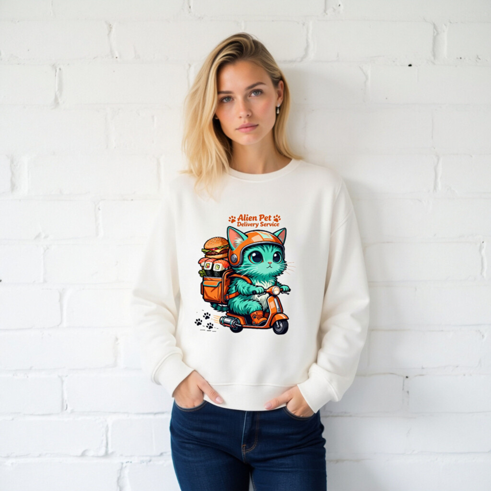 Unisex Organic Sweatshirt | Alien Pet Delivery Service Cat on Scooter - Image 2