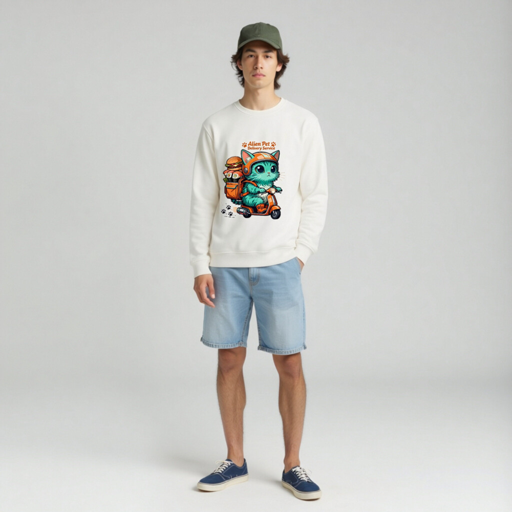 Unisex Organic Sweatshirt | Alien Pet Delivery Service Cat on Scooter - Image 3