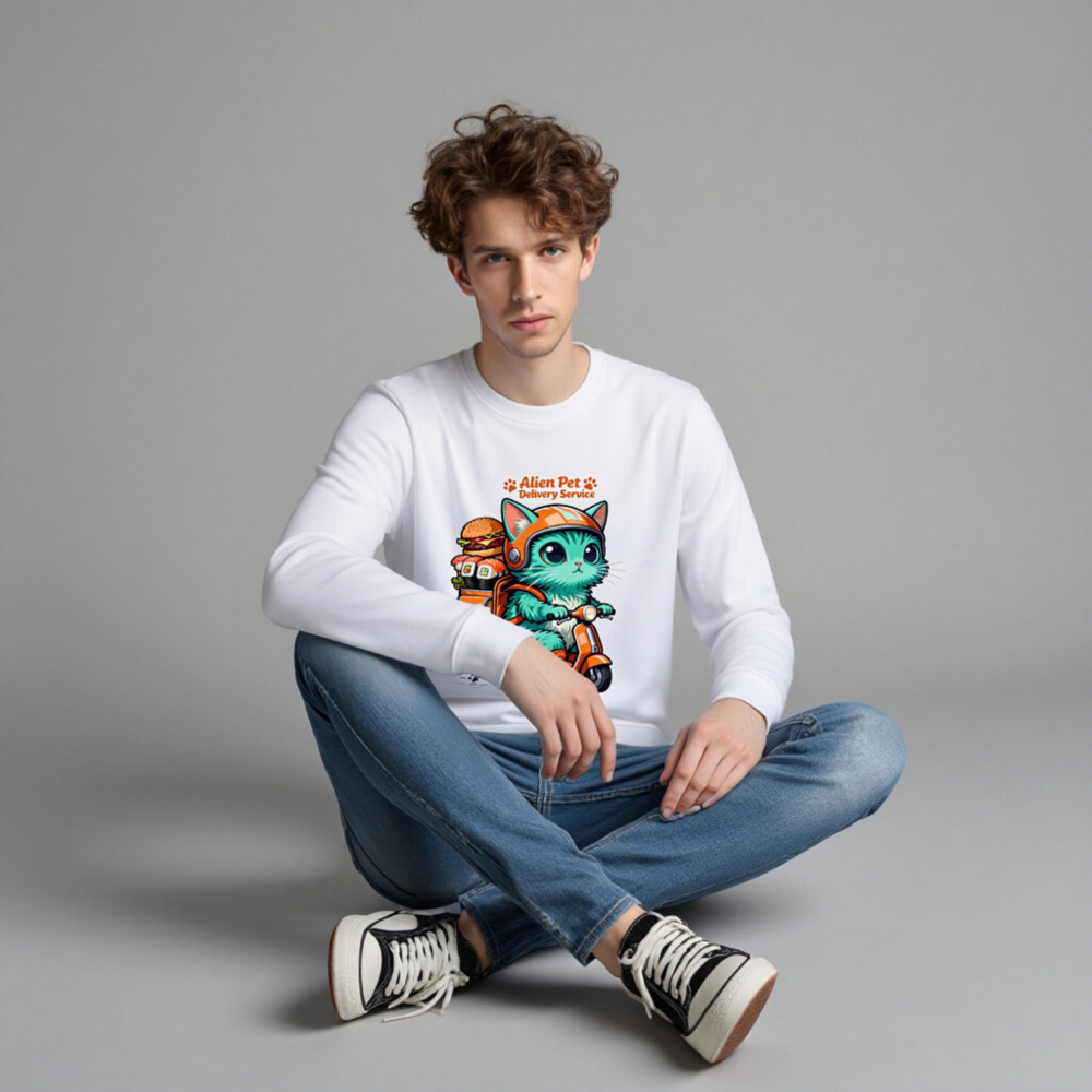 Unisex Organic Sweatshirt | Alien Pet Delivery Service Cat on Scooter - Image 4