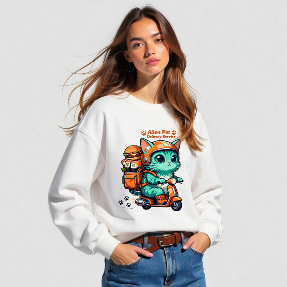 Unisex Organic Sweatshirt | Alien Pet Delivery Service Cat on Scooter - Image 5