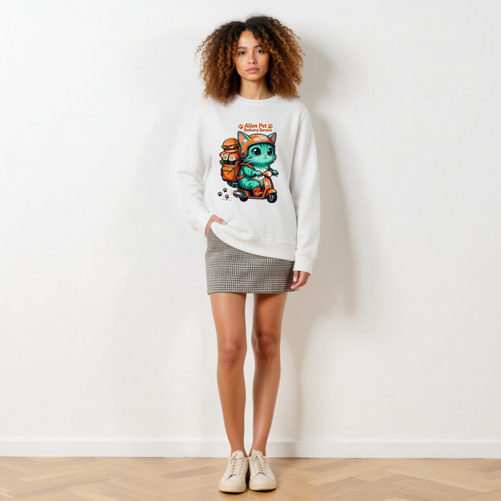 Unisex Organic Sweatshirt | Alien Pet Delivery Service Cat on Scooter - Image 6