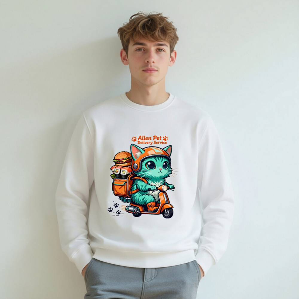 Unisex Organic Sweatshirt | Alien Pet Delivery Service Cat on Scooter - Image 7