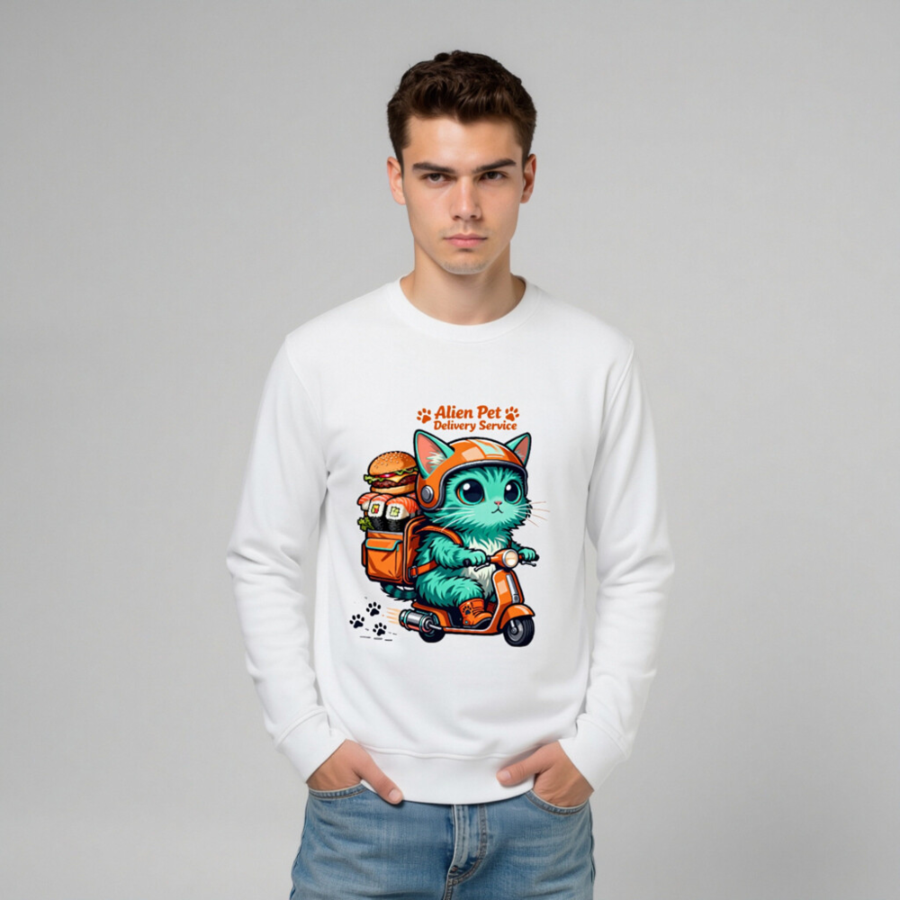 Unisex Organic Sweatshirt | Alien Pet Delivery Service Cat on Scooter - Image 9
