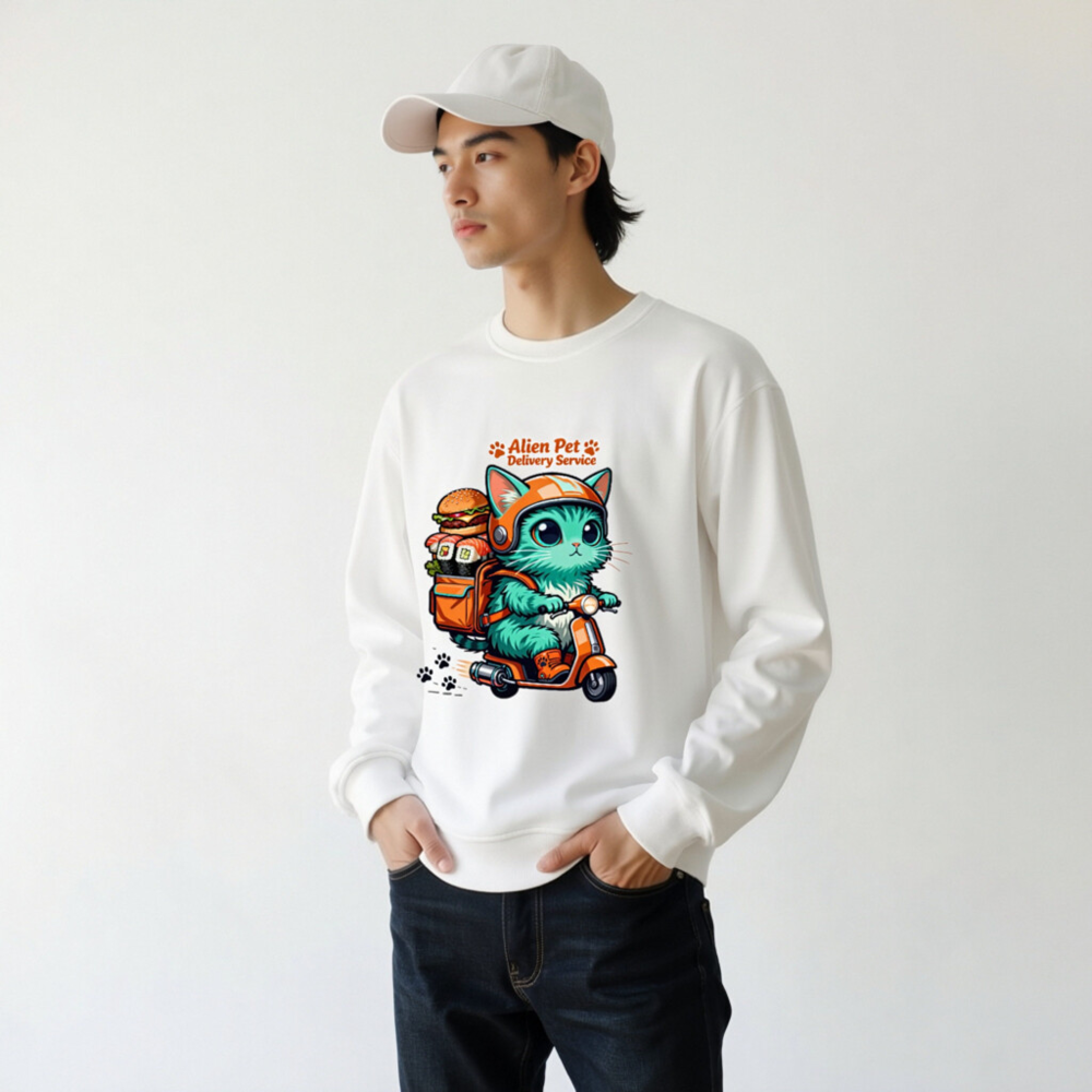 Unisex Organic Sweatshirt | Alien Pet Delivery Service Cat on Scooter - Image 11