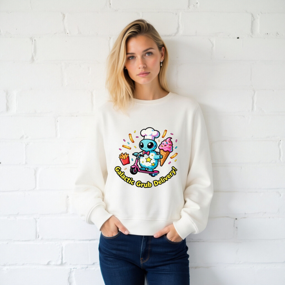 Unisex Organic Sweatshirt | Galactic Grub Delivery Alien Chef Scooter Design - Image 2