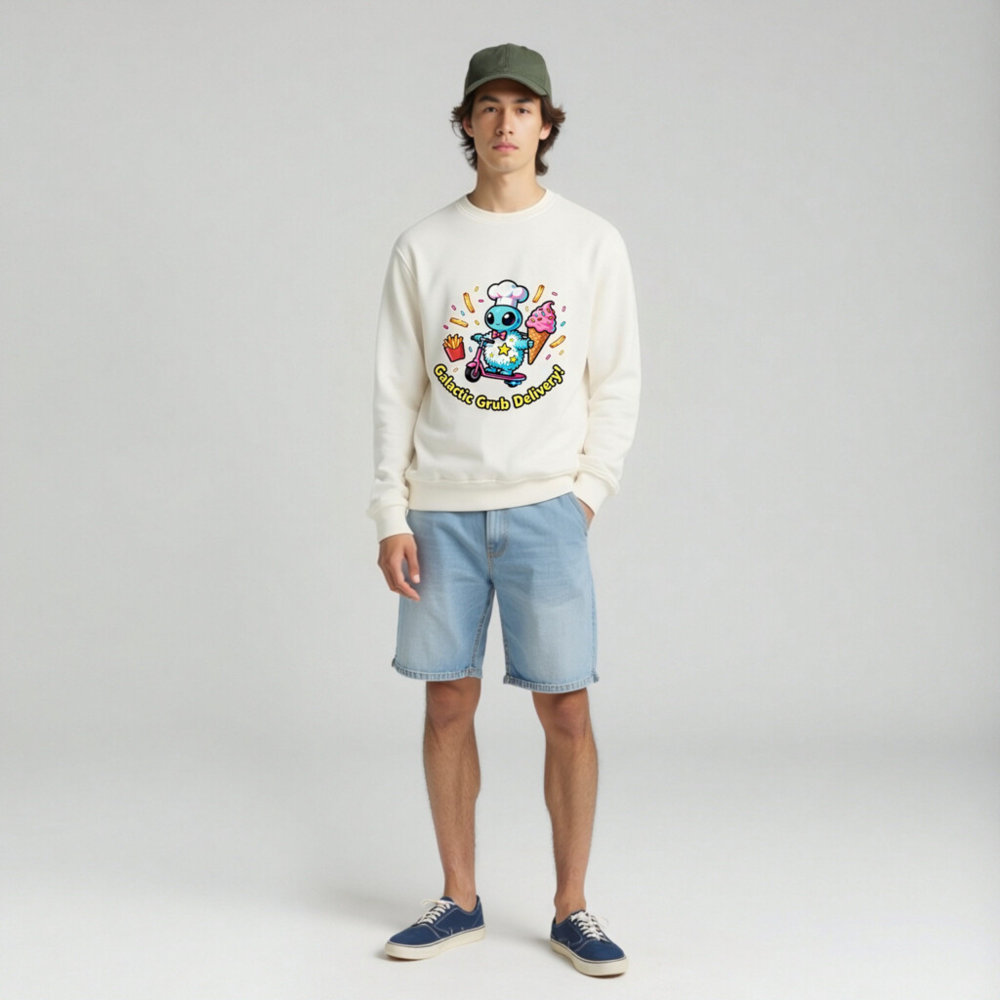 Unisex Organic Sweatshirt | Galactic Grub Delivery Alien Chef Scooter Design - Image 3