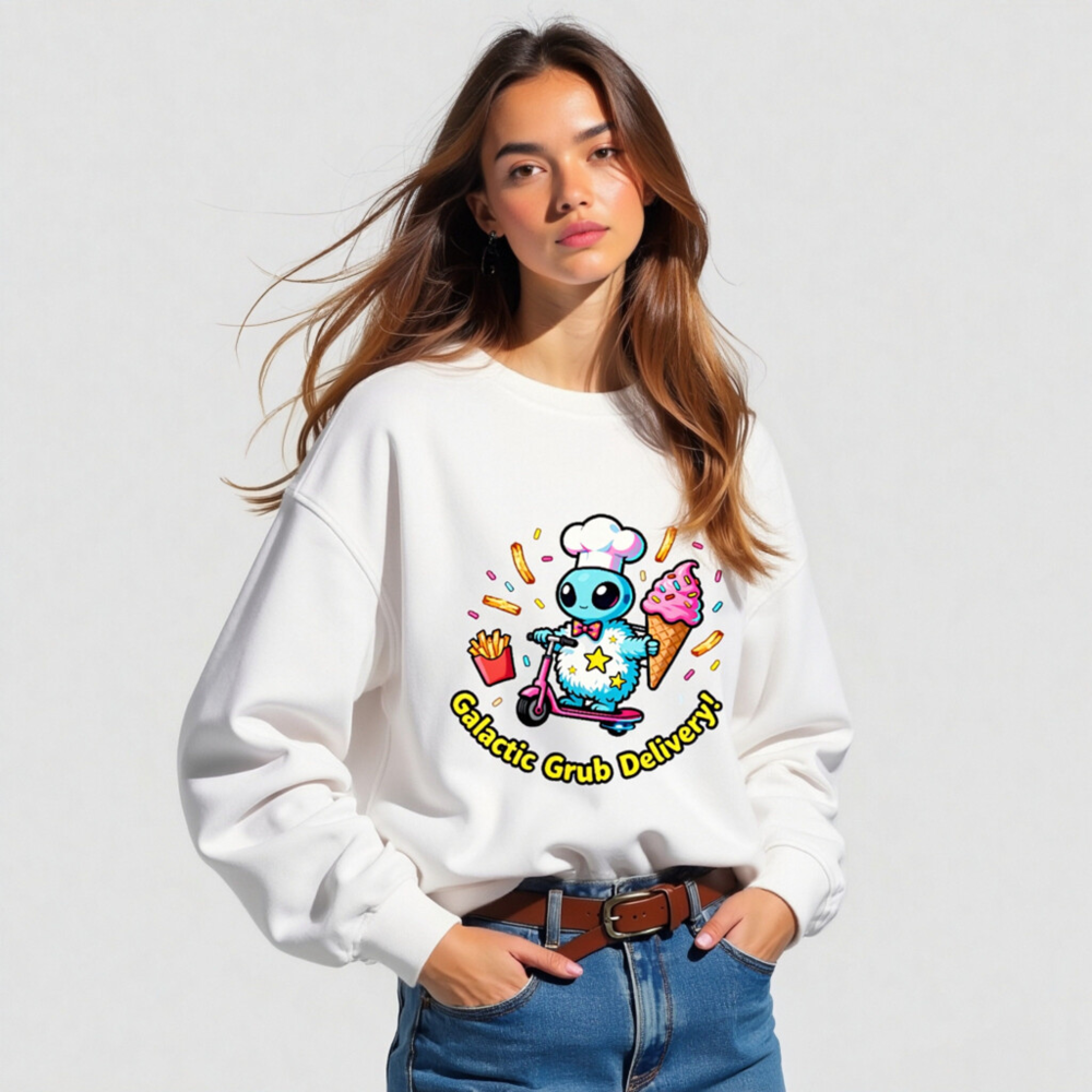Unisex Organic Sweatshirt | Galactic Grub Delivery Alien Chef Scooter Design - Image 5