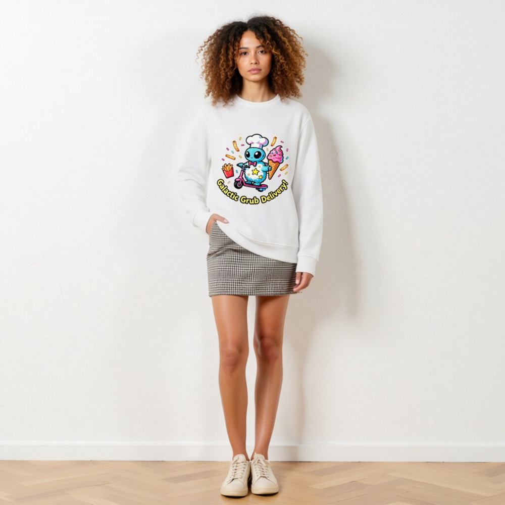 Unisex Organic Sweatshirt | Galactic Grub Delivery Alien Chef Scooter Design - Image 6