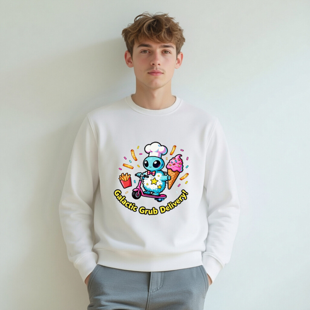 Unisex Organic Sweatshirt | Galactic Grub Delivery Alien Chef Scooter Design - Image 7