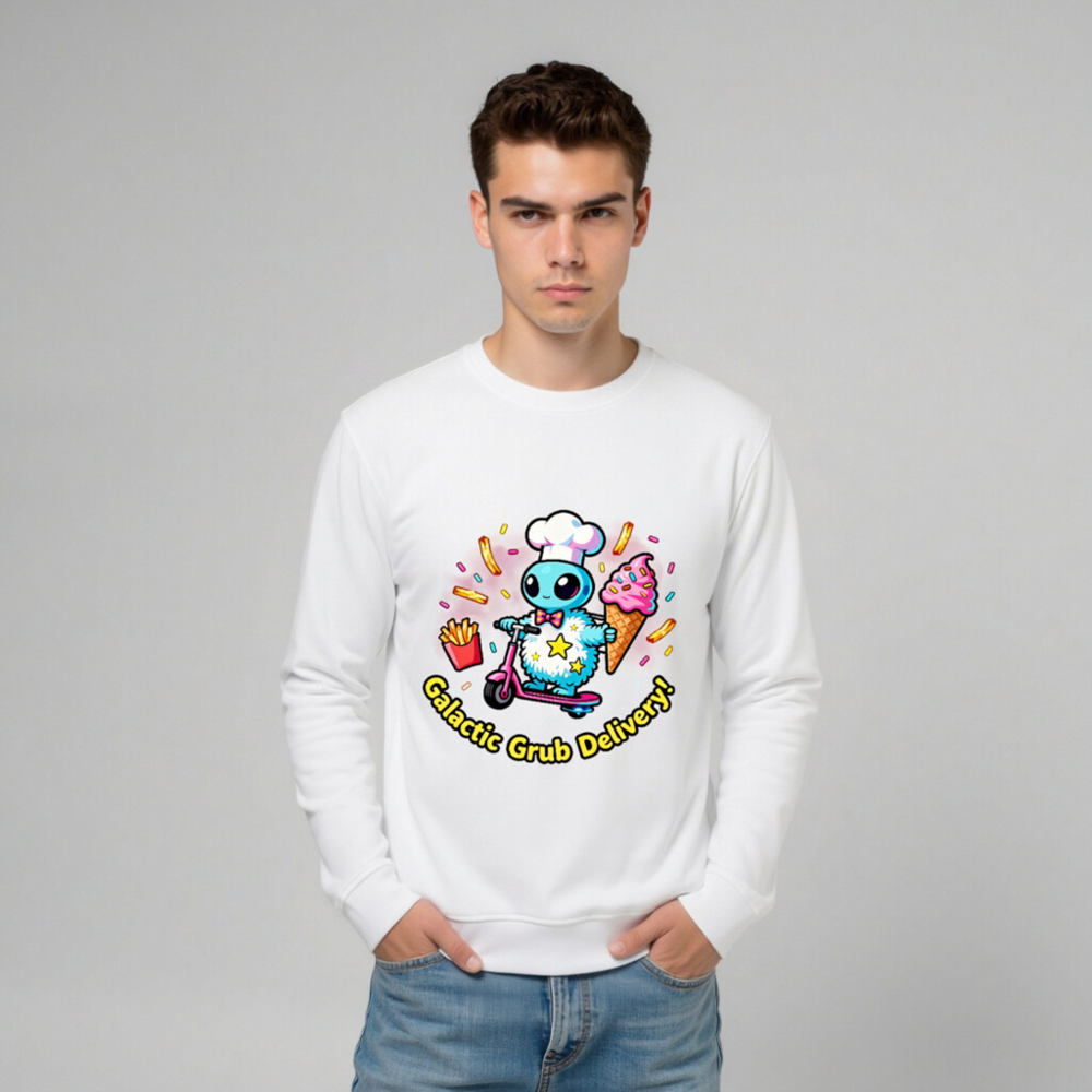 Unisex Organic Sweatshirt | Galactic Grub Delivery Alien Chef Scooter Design - Image 9