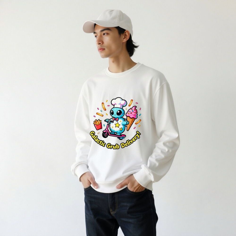 Unisex Organic Sweatshirt | Galactic Grub Delivery Alien Chef Scooter Design - Image 11