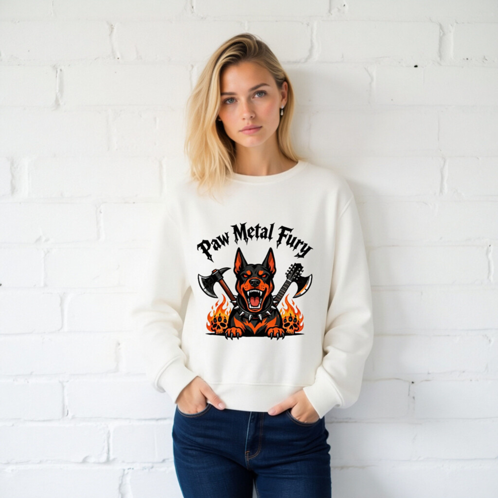 Paw Metal Fury Unisex Organic Sweatshirt - Black & Orange Doberman with Axes, Flames & Skulls - Image 2