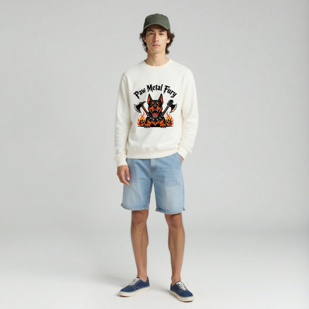 Paw Metal Fury Unisex Organic Sweatshirt - Black & Orange Doberman with Axes, Flames & Skulls - Image 3